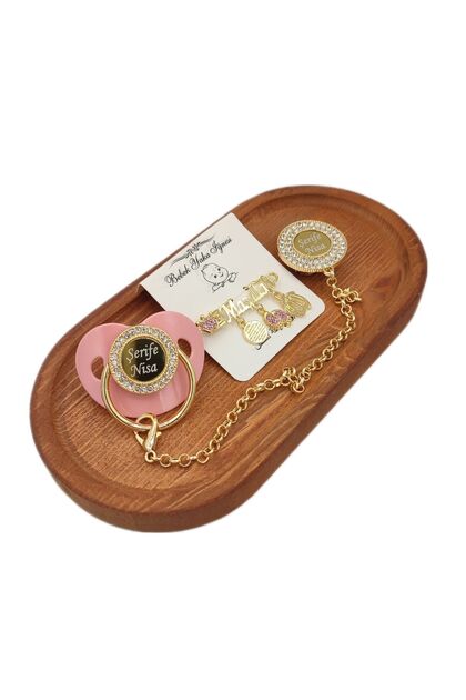 Isimli Pembe Taşlı Silikon Damaklı Bebek Emzik Zinciri Ve Yaka Iğne Seti (0-6 AY) - Tysysh0163