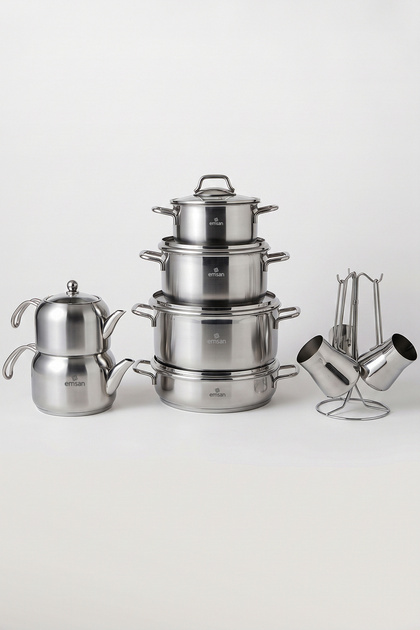 Belgrade Induction Base 15 Piece Steel Teapot Coffee Pot and Pot Set