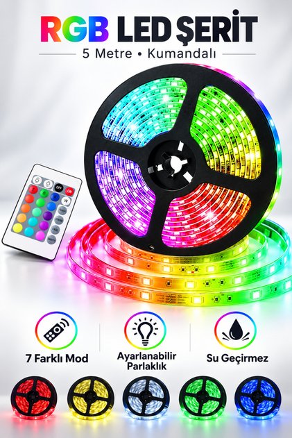 5mt Kumandalı Işıldak Rgb Şerit Led Lamba Iç Ve Dış Mekan Silikon Yapışkanlı Aydınlatma