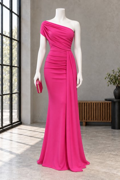 Stretch Fabric One-Shoulder Side Train Detailed Fish Cut Evening Dress and Graduation Gown Fuchsia 582108