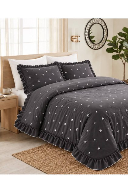 Elora Anthracite Gray Ruffled and Floral-Embroidered 100% Cotton 6-Piece Double-Size Luxury Duvet Cover Set