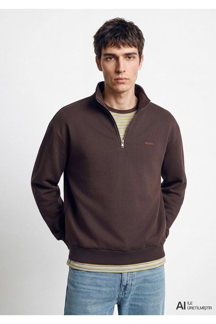 M0S10585 Logo Printed Semi-Zipper Sweatshirt Men's Sweatshirt Brown