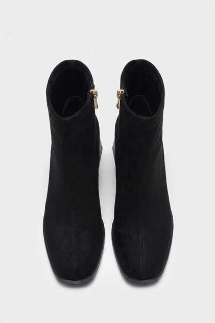 Women's Black Suede Blunt Toe Thick Heeled Side Zipper Boots with Orthopedic Insole Milora