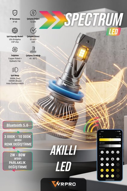 VRPRO Spectrum Led Xenon Far Ampülü 12-24V Telefondan Uygulama Kontrollü 3000K-10000K Ayarlı