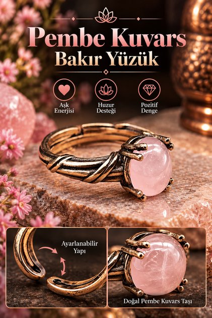 Copper Pink Quartz Design Quality Ring Adjustable (Gift, Special Day, Trend)