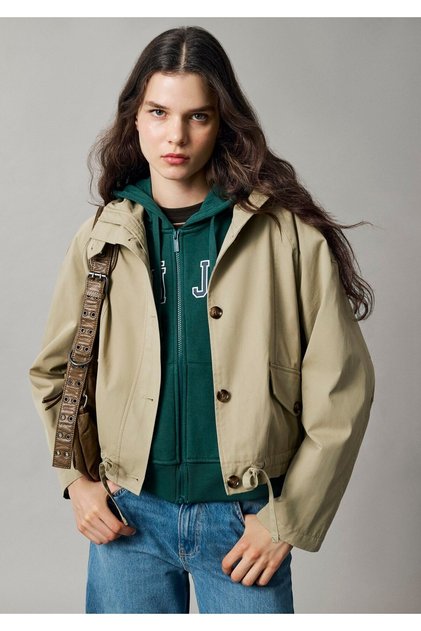 Hooded Waist Detailed Khaki Short Jacket Oversize / Wide Cut 1110756-70354