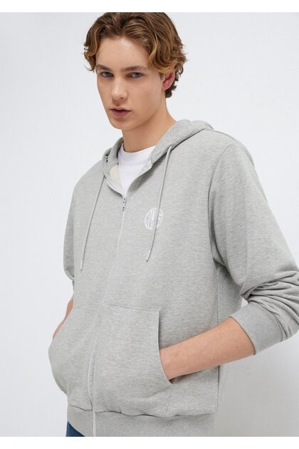 Mvjns Logo Printed Zippered Hooded Gray Sweatshirt 0S10193-80196