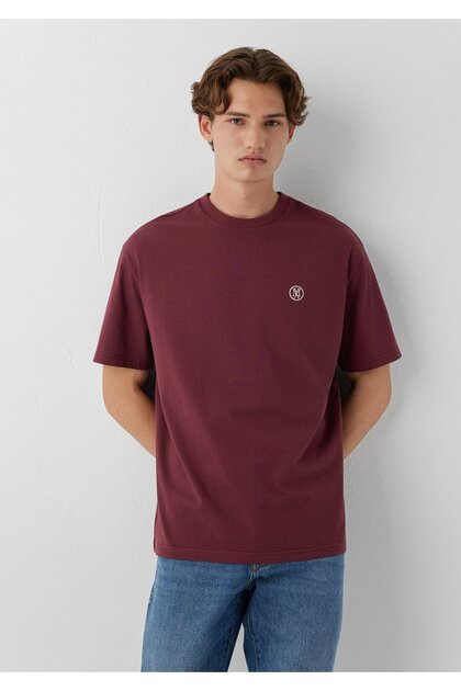 Logo Embroidered Burgundy Basic T-Shirt Loose Fit / Comfortable Cut 067074-70396