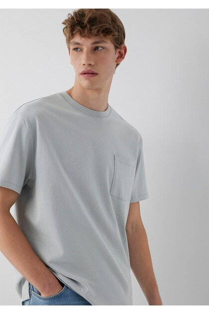 Pocket Detailed Gray Basic T-Shirt Loose Fit / Relaxed Fit 066248-70075