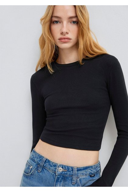 Long Sleeve Black Crop Basic T-Shirt Crop / Short Cut 1612822 -900