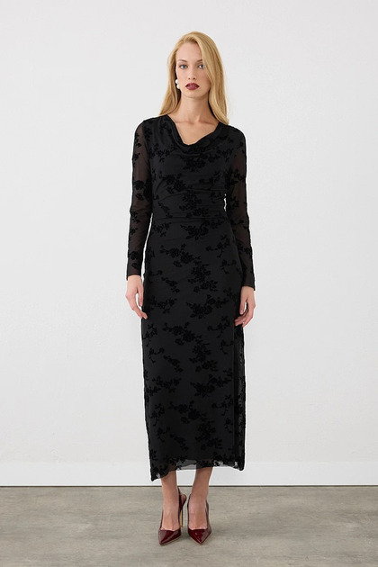 Degaje Collar Velvet Textured Long Evening Dress - Black
