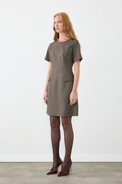 Round Neck Pocket Detailed Herringbone Sequin Mini Dress - Brown