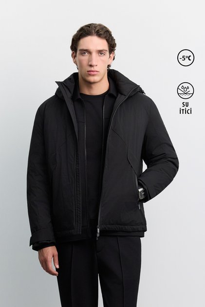 Men's Black Magnet Pocket Detailed Hooded Waterproof Lightweight Coat A62Y6203