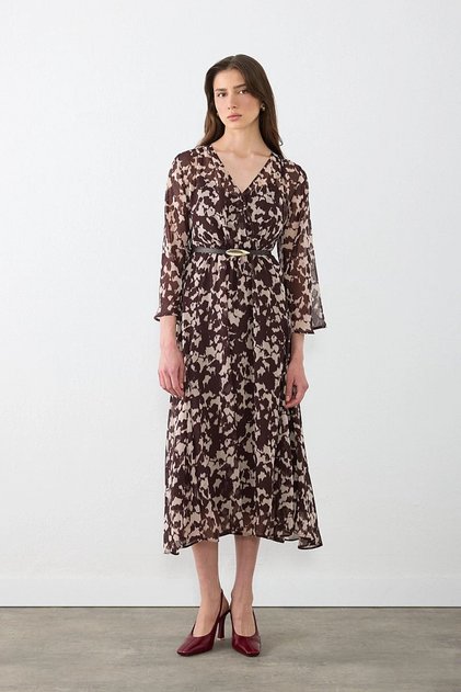 Double-Breasted Cut-Waist Belted Long Flared Dress - Brown