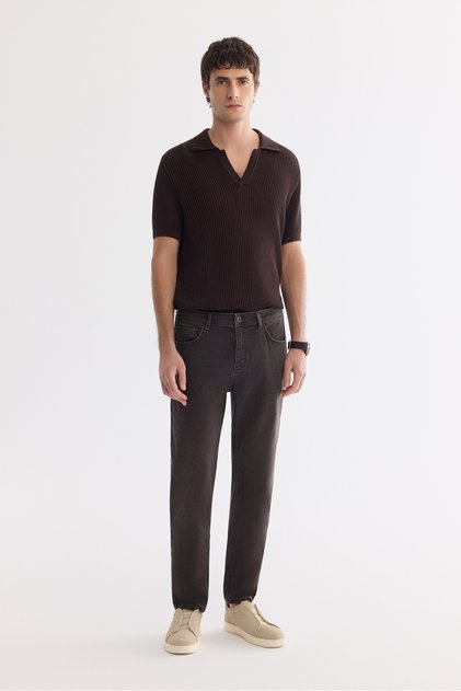 Men's Brown Vintage Washed Cotton Elastane Madrid Comfort Slim Fit Jean Trousers A61Y3511