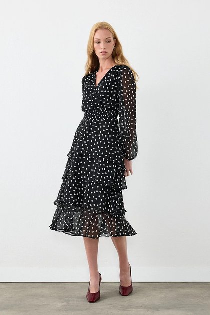 Polka Dot Layered Midi Evening Dress - Black