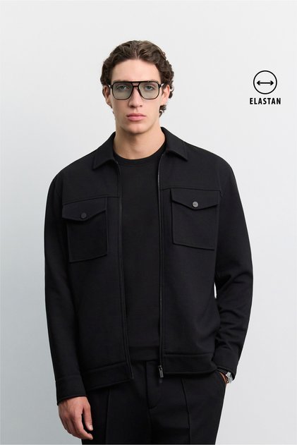 Men's Black Classic Collar Elastane Long Sleeve Comfort Fit Shirt Jacket A62Y2509