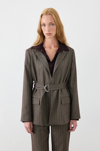 Beli Belted Collarless Sequined Herringbone Jacket - Brown