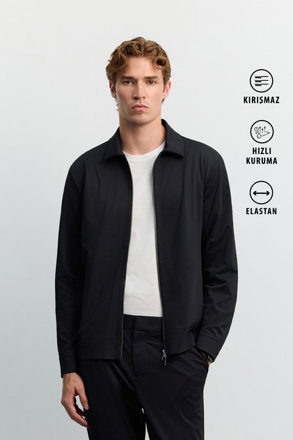 Men's Black Classic Collar Wrinkle-Resistant Quick-Dry Comfort Fit Shirt Jacket A62Y2514