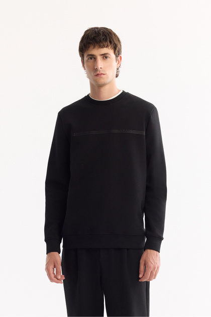 Men's Black Crew Neck Cotton Bi-Stretch Printed Regular Fit Sweatshirt A52Y1325