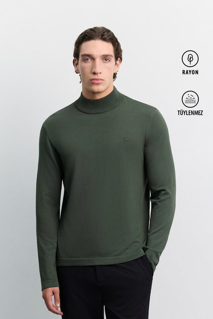 Erkek Haki Yarım Balıkçı Yaka Rayon Tüylenmeyen Basic Regular Fit Triko Kazak B005151