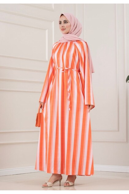 Thick Striped High Collar Dress-Orange
