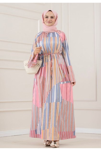 Thick Striped High Neck Dress-Pink