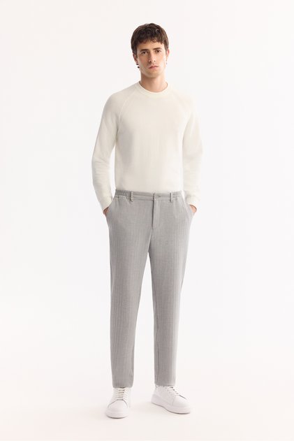 Men's Gray Side Elastic Bi-Stretch Lightly Striped Slim Fit Trousers A52Y3203