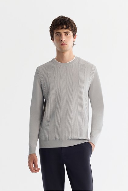 Erkek Gri Bisiklet Yaka Jakarlı Rayon Tüylenmeyen Regular Fit Triko Kazak A42Y5072