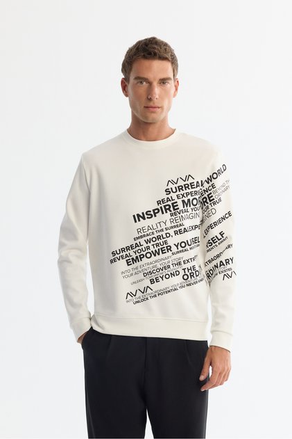 Men's Ecru Crew Neck Cotton Printed Regular Fit Sweatshirt A42Y1285