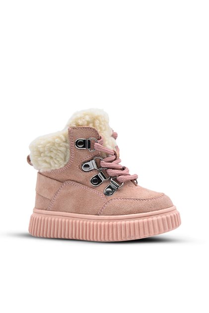 Dinos Plush Fur Collar Detailed Lace Up and Zippered Leather Girl's Boots Powder
