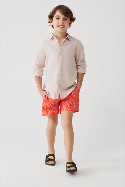 Orange Quick Dry Floral Printed Standard Size Children's Special Boxed Comfort Fit Swimsuit Sea Shorts