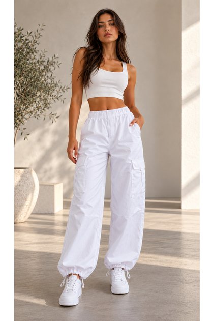 Dame Jns Women's Poplin Fabric (Buttonless) Parachute Pants High Waist Cargo Pocket Detailed Relaxed Fit White