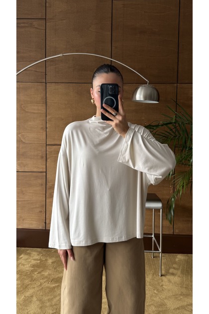 High Collar Oversize Flowy Long Sleeve Stone Blouse
