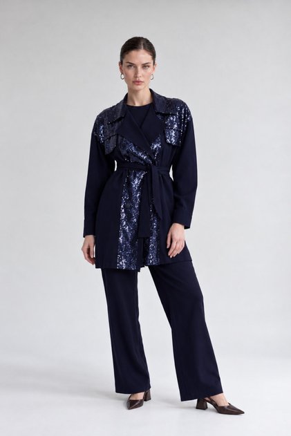 Navy Blue Jacket Set with Sequin Tie-Detail and Belted Waist