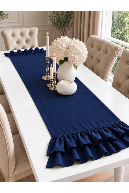 İnci Vintage Seamless Double Layer Ruffled Navy Blue Runner