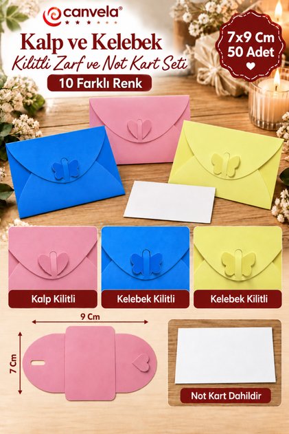 50 Adet 7x9 Cm 10 Farklı Renk Zarf Kalp Çiçek Kelebek Kilitli Mini Hediye Zarfı ve Kart Seti