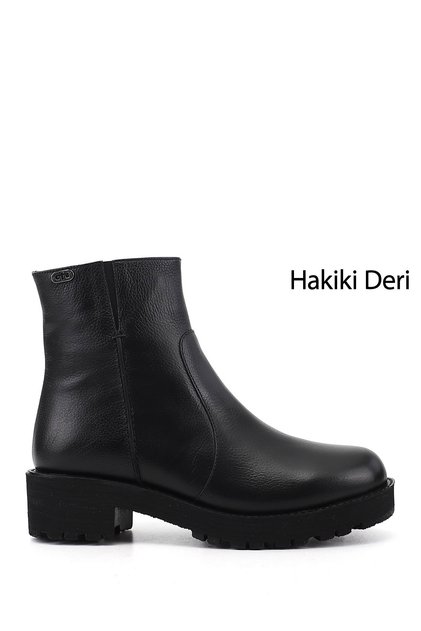 Women's Black Floater Zippered Thick Heeled Genuine Leather Boots