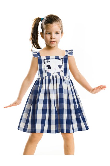 Navy Blue Star Cat Girl's Plaid Summer Sling Dress