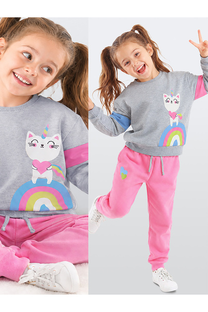 Girls Winter Cat and Heart Pattern Pink Long Sleeve 2 Piece Tracksuit Set 1-8 Years
