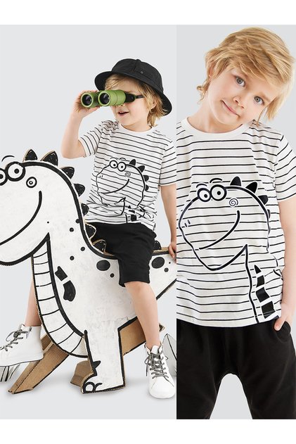 Cute Dino Striped Boy's Summer T-Shirt Capri Shorts Set