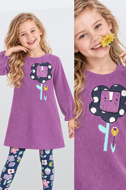 Girls Winter Floral Pattern Velvet Lilac Long Sleeve Ruffle Dress 2-7 Years