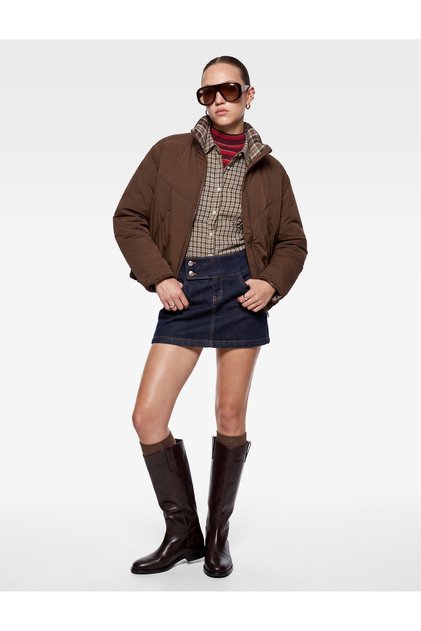 Plaid Stand Collar Long Sleeve Anorak Jacket with Pockets and Zipper