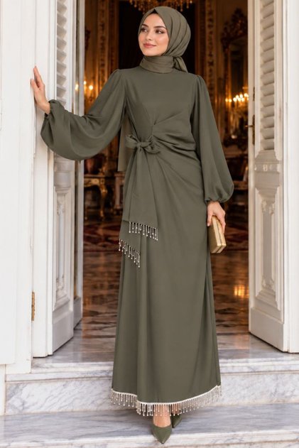 Balon Kol Dark Khaki Hijab Evening Dress 62251Khk