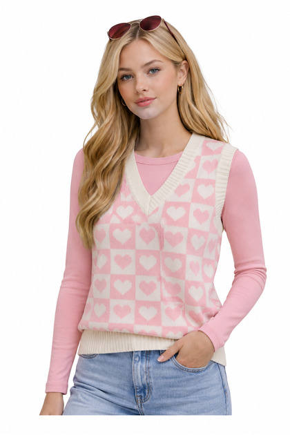 Pink Heart V-Neck Regular Women's Sweater