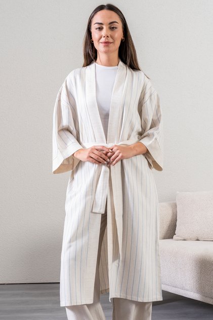 Long Women's Kimono - Cream Blue Striped - Belted Below the Knee Summer Beach Wear, Oversize