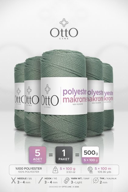 POLIESTER MAKROM • Zelena boja • Pakovanje od 5 komada × 100 gr / 100 m • 2 mm • Konopac za jastučiće, torbe, dodatke