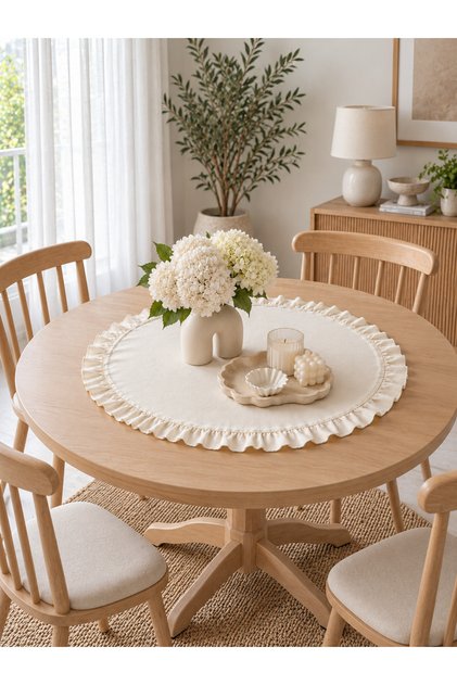 Stain-Resistant Linen Ecru Round Ruffle Decorative Cover 60 X 60