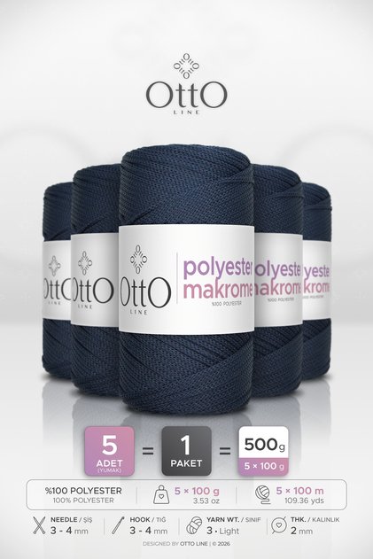 Polyester Makrome • Navy Blue • 5-Pack × 100 Gr / 100 m • 2 mm • Supla, Bag, Accessory Cord