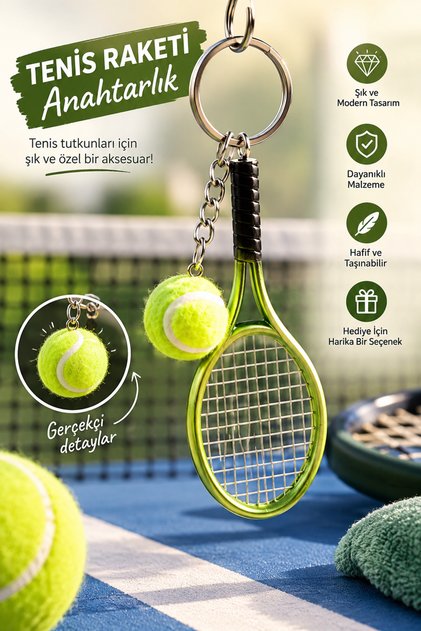 Gerçekçi Tenis Raketi Tasarımlı Şık Anahtarlık Kolye Çanta Süsü Tennis Keychain